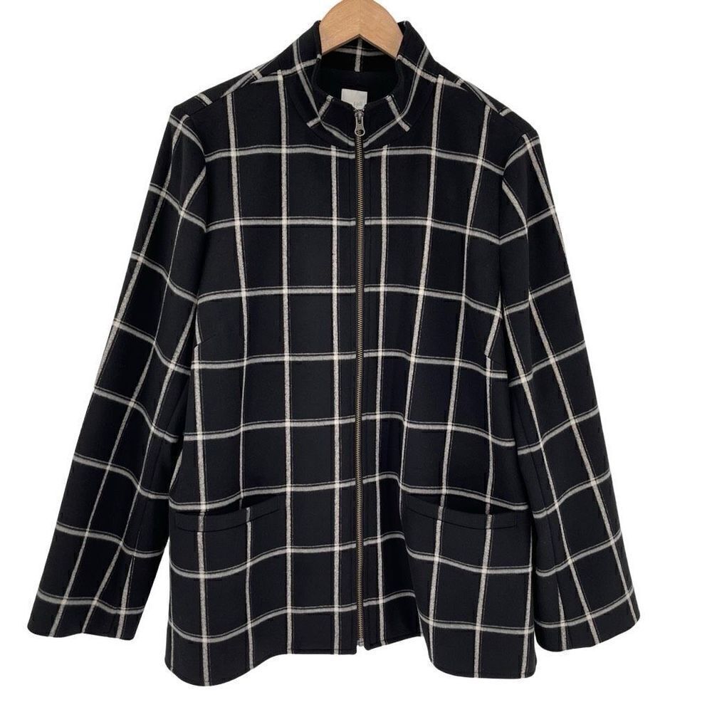 J Jill Windowpane Coat Zip Up Soft Warm Pockets Women Large Black White